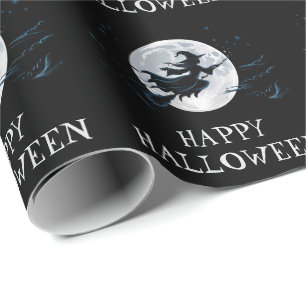 Halloween Gruselige Hexe fliegt über einen Vollmon Geschenkpapier