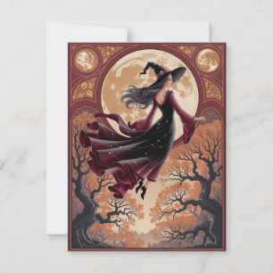Halloween Gruselige Hexe fliegt über einen Vollmon Postkarte