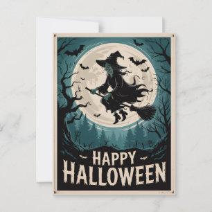 Halloween Gruselige Hexe fliegt über einen Vollmon Postkarte