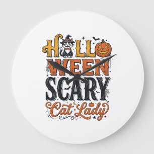 Halloween Gruselige Katzenlady Vintage-Katzen-Shir Große Wanduhr