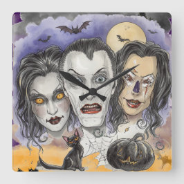 Halloween, Gruselige Lachmasken, Schwarze Katzen  Quadratische Wanduhr