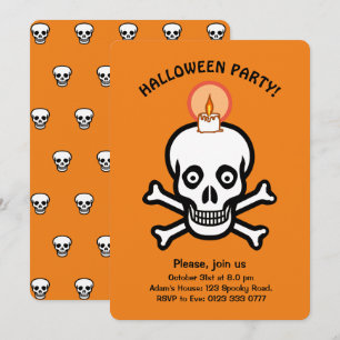 Halloween gruselige Totenköpfe auf orangefarbener Einladung