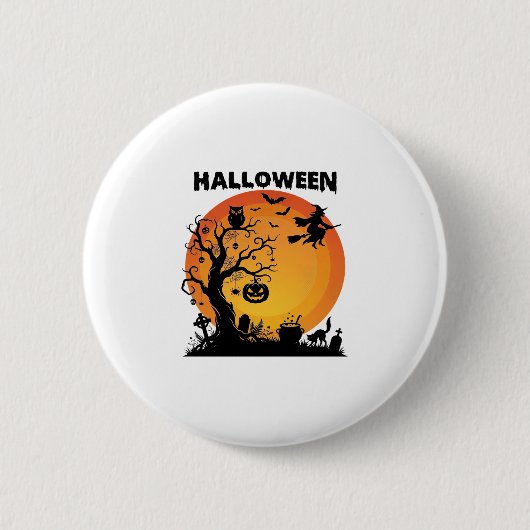 Halloween Gruseliger Baum Fliegende Hexe Orange Mo Button (Vorderseite)