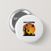 Halloween Gruseliger Baum Fliegende Hexe Orange Mo Button (Vorne & Hinten)