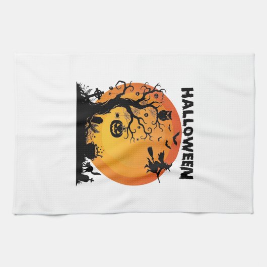 Halloween Gruseliger Baum Fliegende Hexe Orange Mo Geschirrtuch (Horizontal)