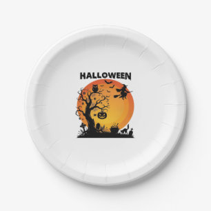Halloween Gruseliger Baum Fliegende Hexe Orange Mo Pappteller
