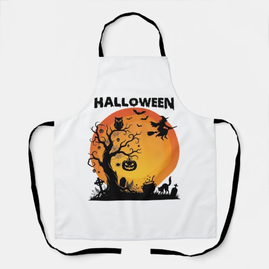 Halloween Gruseliger Baum Fliegende Hexe Orange Mo Schürze (Vorderseite)