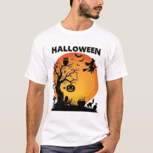 Halloween Gruseliger Baum Fliegende Hexe Orange Mo T-Shirt