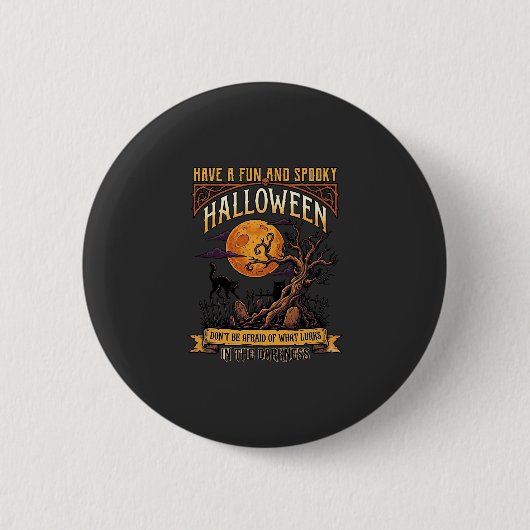 Halloween Gruseliger Baum Vollmond Schwarze Katze Button (Vorderseite)