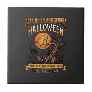 Halloween Gruseliger Baum Vollmond Schwarze Katze  Fliese