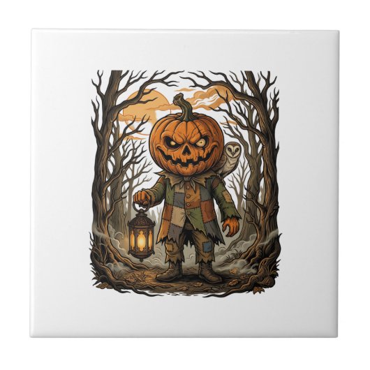 Halloween Gruseliger Kürbis Vogelscheuche Laterne Fliese (Vorderseite)