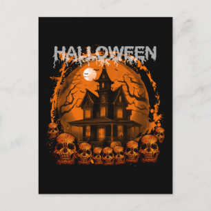 HALLOWEEN GRUSELIGES GEISTERHAUS TOTENKÖPFE POSTKARTE