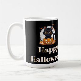 Halloween-Gruselstimmung mit süßer schwarzer Katze Kaffeetasse