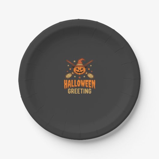 Halloween-Gruß Hexe Kürbis Vintage-Design Pappteller (Vorderseite)
