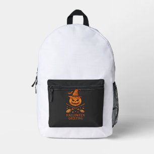 Halloween-Gruß-Kürbis-Hexenhut-gekreuzte Besen Bedruckter Rucksack
