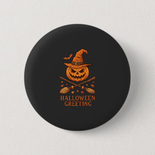 Halloween-Gruß-Kürbis-Hexenhut-gekreuzte Besen Button