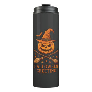 Halloween-Gruß-Kürbis-Hexenhut-gekreuzte Besen Thermosbecher