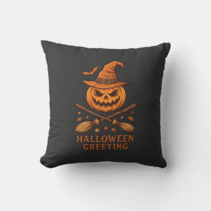Halloween-Gruß Kürbis Hexenhut gekreuzter Besen Kissen