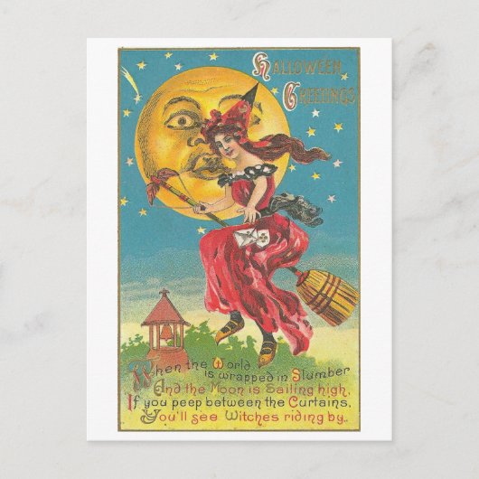 Halloween Grüße Frau im Zimmer Postkarte (Vorderseite)