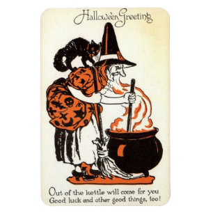 Halloween-Grüße Hexe und Kessel Vintage Magnet