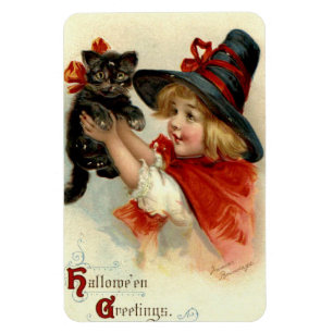 Halloween-Grüße Mädchen mit schwarzer Katze Vintag Magnet