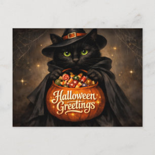 Halloween-Grüße schwarze Katze mit Süßigkeiten Postkarte