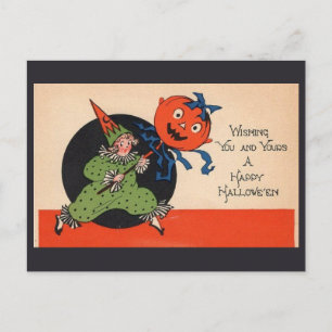 Halloween-Grüße Süßer Vintage-Kinderclown Kürbis Postkarte