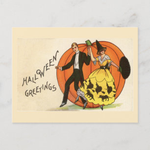 Halloween-Grüße Tanzendes Paar Kürbis Vintage Postkarte