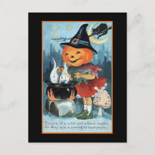 Halloween Grüße Vintage Kürbis Hexen Mädchen Postkarte