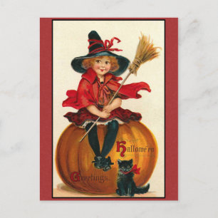Halloween-Grüße Vintage-Mädchen und Katze Postkarte