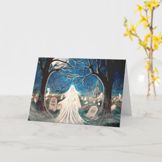 Halloween-Grußkarte, Friedhof, Geist, Grabstein Karte (Gelbe Blume)