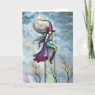 Halloween Grußkarte Hexe Katze Fee Kunst Karte