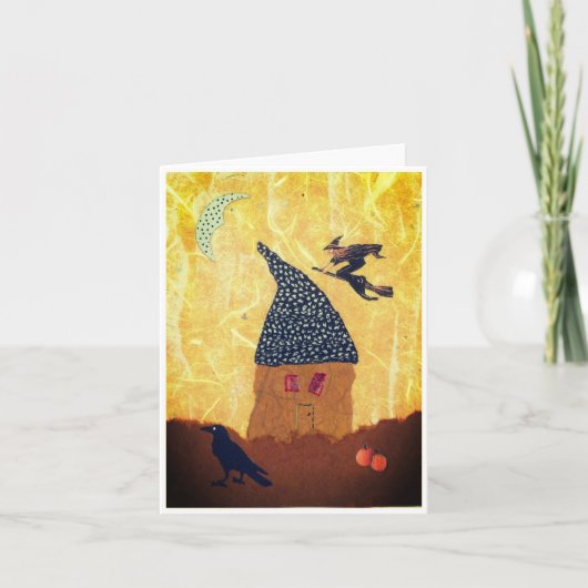Halloween Grußkarte mit Tiny House, Hexe Karte (Vorderseite)