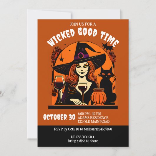 Halloween gute Zeit Hexe und erwachsene Weine Einladung (Vorderseite)