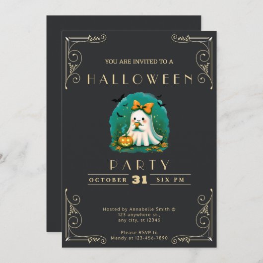 Halloween-Halbpension Black & Gold Ghost Bow Flede Einladung (Vorne/Hinten)