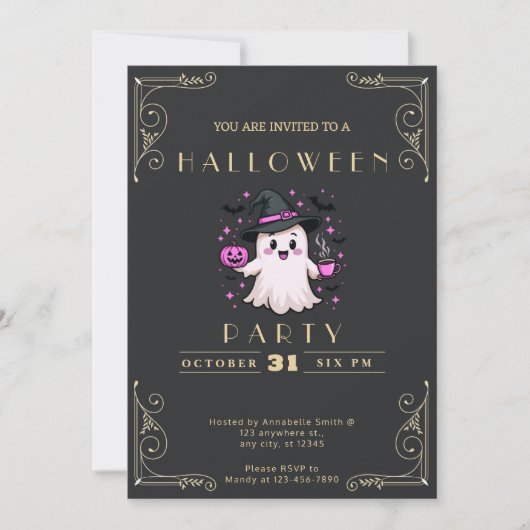 Halloween-Halbpension Black & Gold Ghost Stars Fle Einladung (Vorderseite)