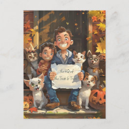 Halloween Happy Family mit Haustieren Postkarte