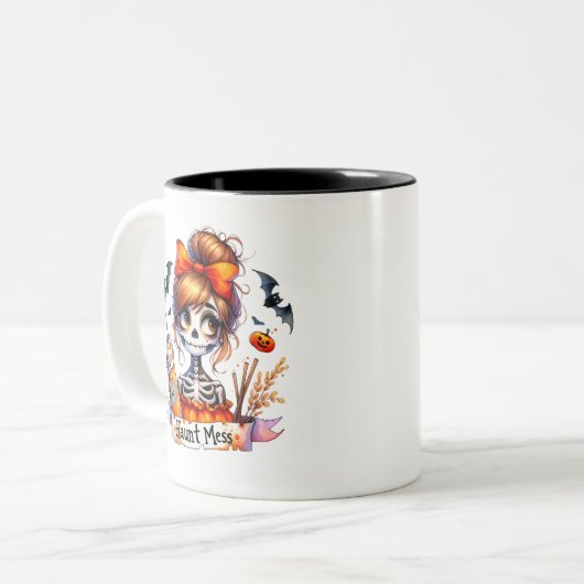 Halloween Haunt Mess Kaffee Skeleton Spookon Custo Zweifarbige Tasse (Vorderseite Links)