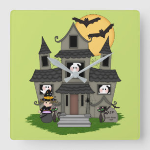 Halloween haunted house and little witch green quadratische wanduhr