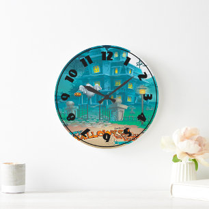 Halloween Haunted House Clock Große Wanduhr