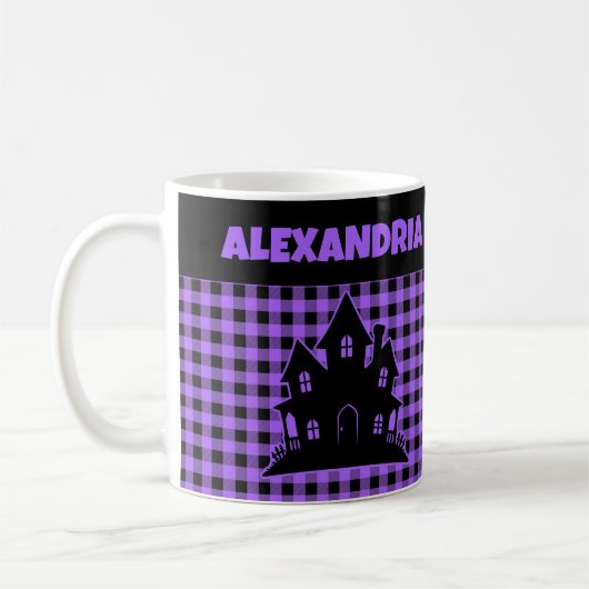 Halloween Haunted House Purple & Black Plaid Name Kaffeetasse (Links)