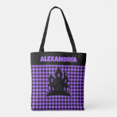 Halloween Haunted House Purple & Black Plaid Name Tasche (Rückseite)