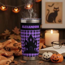 Halloween Haunted House Purple & Black Plaid Name Thermobecher