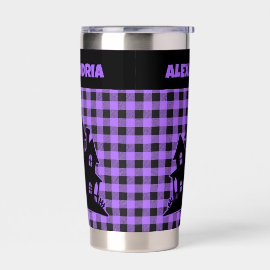 Halloween Haunted House Purple & Black Plaid Name Thermobecher (Links)