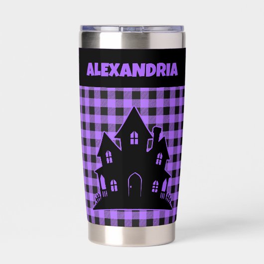 Halloween Haunted House Purple & Black Plaid Name Thermobecher (Rückseite)