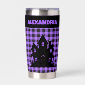 Halloween Haunted House Purple & Black Plaid Name Thermobecher (Vorderseite)