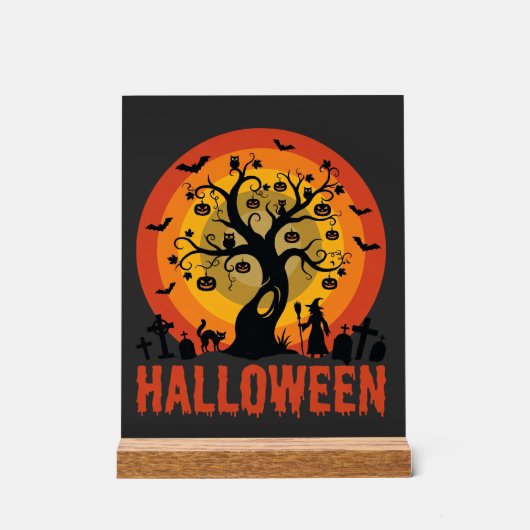 Halloween Haunted Tree Witch and Black Cats Acrylschild (Vorderseite)