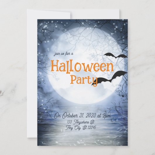 Halloween Haunting Full Moon Blue White Bats Einladung (Vorderseite)