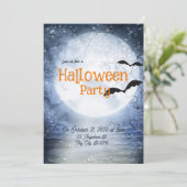 Halloween Haunting Full Moon Blue White Bats Einladung (Stehend Vorderseite)