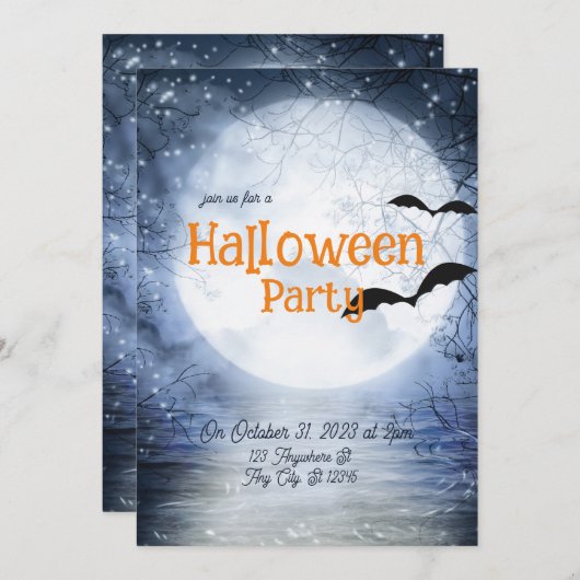 Halloween Haunting Full Moon Blue White Bats Einladung (Vorne/Hinten)